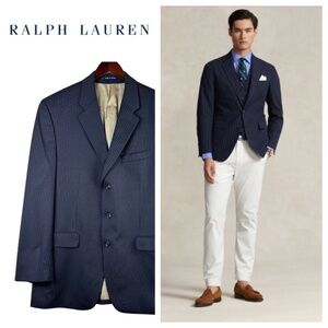 Ralph Lauren Mens Sz 44 L Suit Jacket Blazer Pinstripe 100% WOOL Navy Blue
